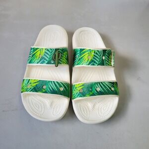 Crocs Classic Tropical Comfort‎ Sandal Green White Leaves Slip On Slides 9